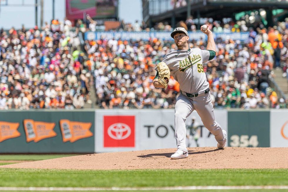 Oakland Athletics pitcher Jeffrey Springs (59) throws a pitch during the first inning against the San Francisco Giants at Oracle Park.