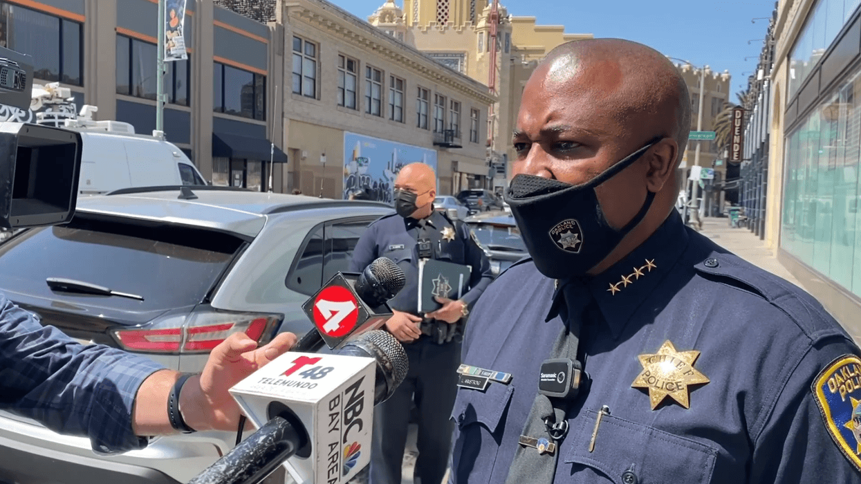 Oakland Police Chief LeRonne Armstrong speaking to reporters on Monday after another violent weekend in the city.