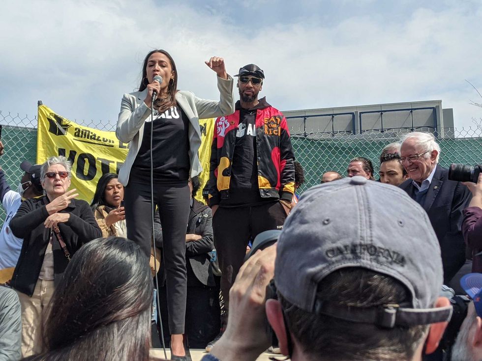 Ocasio-Cortez speaks at the rally.