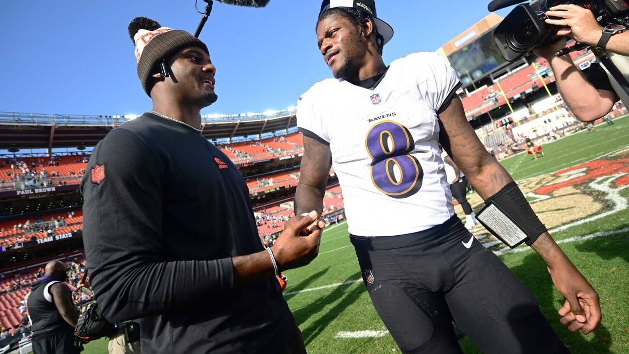 Oct 1, 2023; Cleveland, Ohio, USA; Cleveland Browns quarterback Deshaun Watson (4) and Baltimore Ravens quarterback Lamar Jackson (8) talk after the game at Cleveland Browns Stadium.