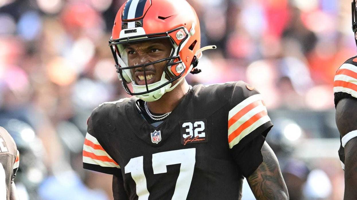 Oct 1, 2023; Cleveland, Ohio, USA; Cleveland Browns quarterback Dorian Thompson-Robinson (17) reacts after a play during the second half against the Baltimore Ravens at Cleveland Browns Stadium. Mandatory Credit: Ken Blaze-USA TODAY Sports