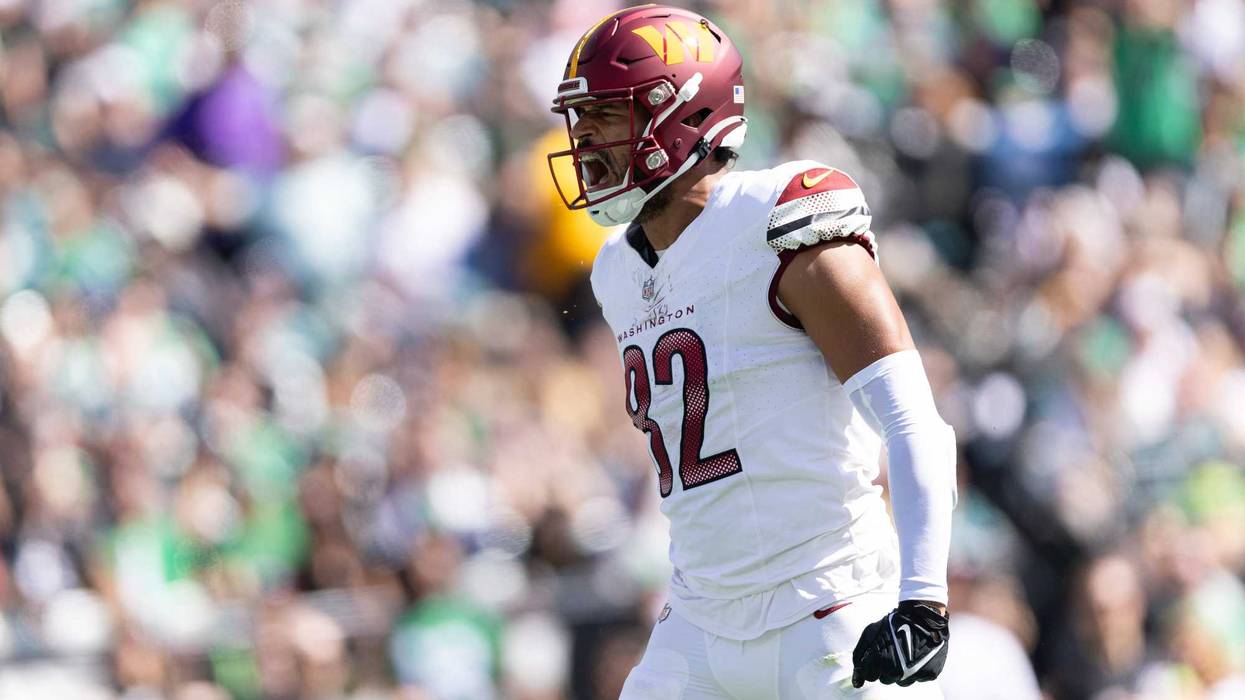 Oct 1, 2023; Philadelphia, Pennsylvania, USA; Washington Commanders tight end Logan Thomas (82) reacts after a catch and personal foul against the Philadelphia Eagles during the second quarter at Lincoln Financial Field.