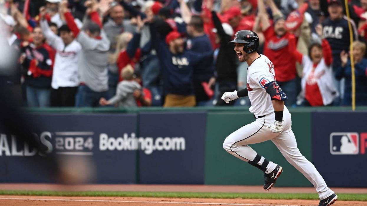 Oct 12, 2024; Cleveland, Ohio, USA; Cleveland Guardians outfielder Lane Thomas (8) runs the bases after hitting a grand slam in the fifth inning against the Detroit Tigers during game five of the ALDS for the 2024 MLB Playoffs at Progressive Field.