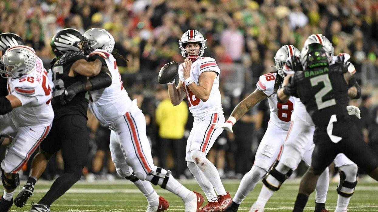 Oct 12, 2024; Eugene, Oregon, USA; Ohio State Buckeyes quarterback Will Howard (18) throws a pass during the second half against the Oregon Ducks at Autzen Stadium
