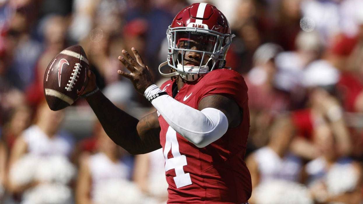 Oct 12, 2024; Tuscaloosa, Alabama, USA; Alabama Crimson Tide quarterback Jalen Milroe (4) throws a pass during the first half at Bryant-Denny Stadium.