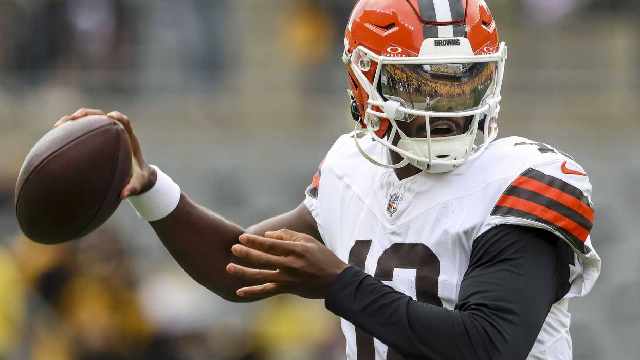 Oct 12, 2025; Pittsburgh, Pennsylvania, USA; Cleveland Browns quarterback Shedeur Sanders (12) warms up before the game at at Acrisure Stadium.