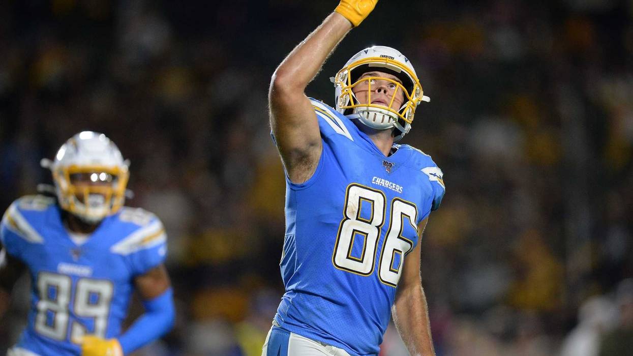 Oct 13, 2019; Carson, CA, USA; Los Angeles Chargers tight end Hunter Henry (86) celebrates his touchdown scored against the Pittsburgh Steelers during the second half at Dignity Health Sports Park. Mandatory Credit: Gary A. Vasquez-USA TODAY Sports