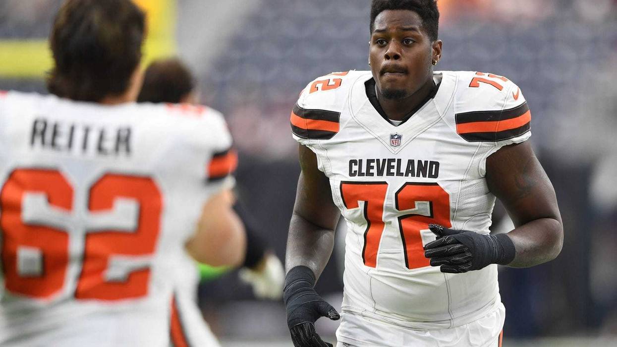 Oct 15, 2017; Houston, TX, USA; Cleveland Browns offensive tackle Shon Coleman (72) warms up before the game against the Houston Texans at NRG Stadium. Mandatory Credit: Shanna Lockwood-USA TODAY Sports