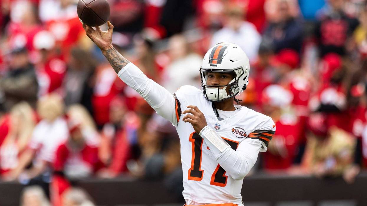 Oct 15, 2023; Cleveland, Ohio, USA; Cleveland Browns quarterback Dorian Thompson-Robinson (17) throws the ball during warm ups before the game against the San Francisco 49ers at Cleveland Browns Stadium. Mandatory Credit: Scott Galvin-USA TODAY Sports