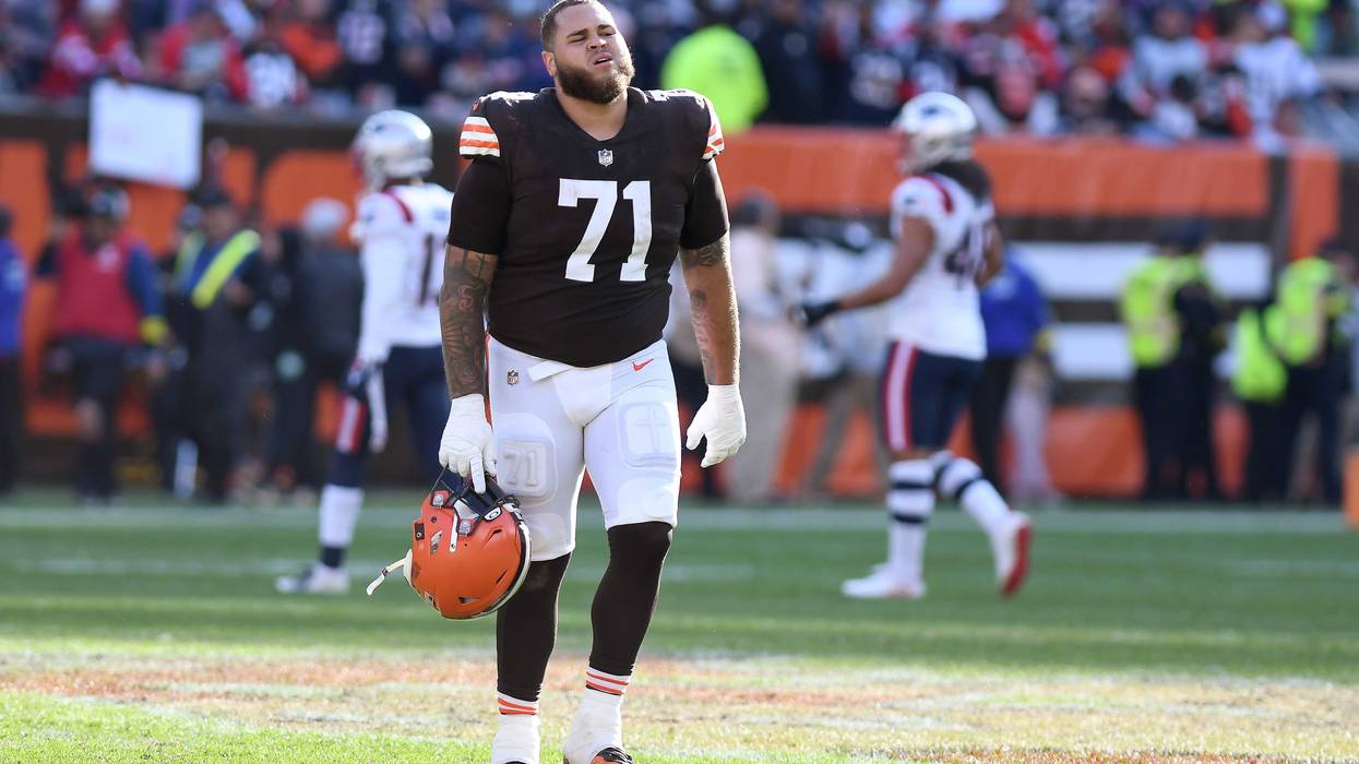 Oct 16, 2022; Cleveland, Ohio, USA; Cleveland Browns offensive tackle Jedrick Wills Jr. (71) walks off the field after the Browns lost to New England Patriots at FirstEnergy Stadium.