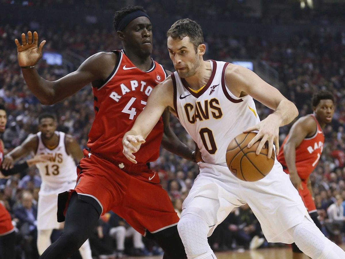 Oct 17, 2018; Toronto, Ontario, CAN; Cleveland Cavaliers forward Kevin Love (0) drives to the net against Toronto Raptors forward Pascal Siakam (43) during the first half at Scotiabank Arena. Mandatory Credit: John E. Sokolowski-USA TODAY Sports