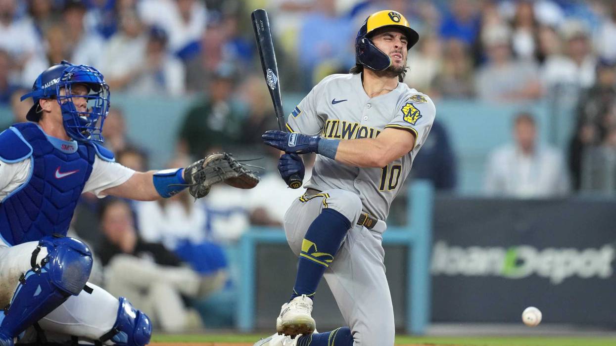 Oct 17, 2025; Los Angeles, California, USA; Milwaukee Brewers right fielder Sal Frelick (10) reacts after an apparent injury against the Los Angeles Dodgers in the second inning during game four of the NLCS round for the 2025 MLB playoffs at Dodger Stadium. Mandatory Credit: Kirby Lee-Imagn Images