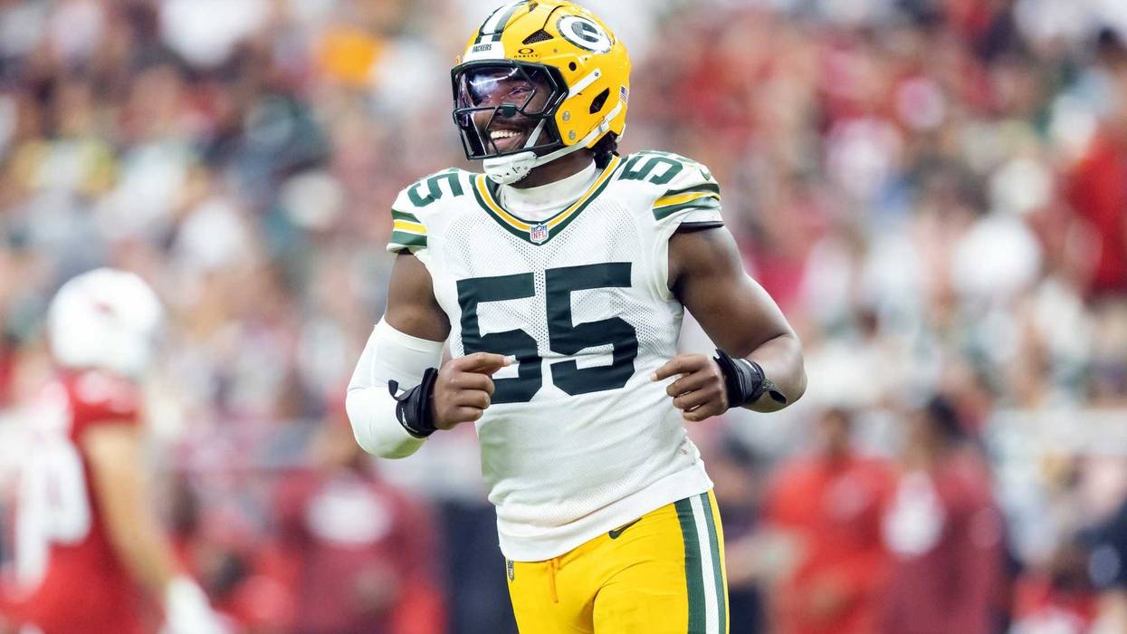 Oct 19, 2025; Glendale, Arizona, USA; Green Bay Packers defensive lineman Kingsley Enagbare (55) against the Arizona Cardinals at State Farm Stadium. Mandatory Credit: Mark J. Rebilas-Imagn Images