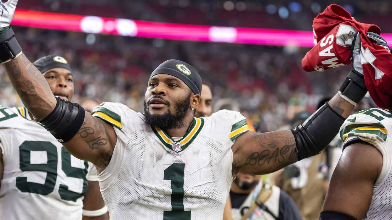 Oct 19, 2025; Glendale, Arizona, USA; Green Bay Packers defensive lineman Micah Parsons (1) against the Arizona Cardinals at State Farm Stadium. Mandatory Credit: Mark J. Rebilas-Imagn Images