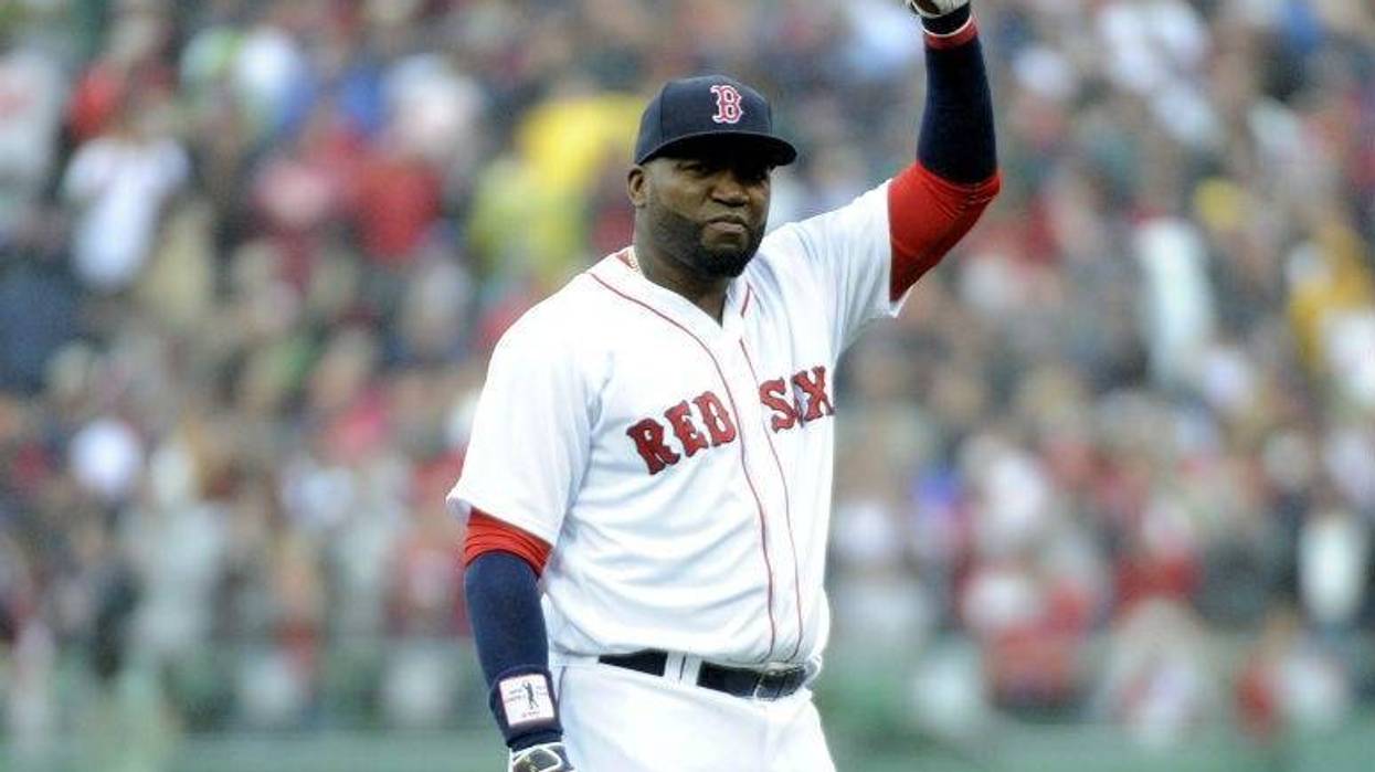 Oct 2, 2016; Boston, MA, USA; Boston Red Sox designated hitter David Ortiz (34) acknowledges the crow as part of pre game ceremonies in his honor prior to a game against the Toronto Blue Jays at Fenway Park.