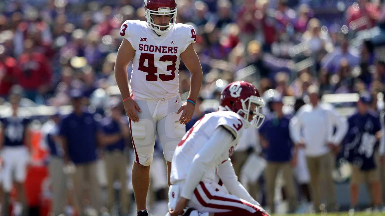 Oct 20, 2018; Fort Worth, TX, USA; Oklahoma Sooners place kicker Austin Seibert (43) during the game against the TCU Horned Frogs at Amon G. Carter Stadium. Mandatory Credit: Kevin Jairaj-USA TODAY Sports