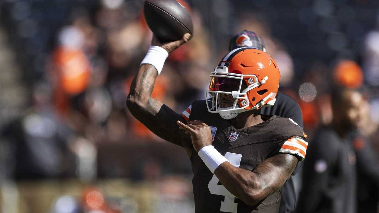 Oct 20, 2024; Cleveland, Ohio, USA; Cleveland Browns quarterback Deshaun Watson (4) throws the ball during warmup before the game against the Cincinnati Bengals at Huntington Bank Field.
