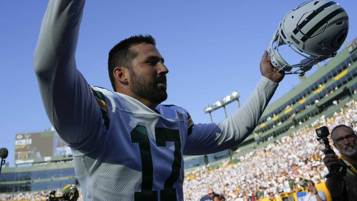Oct 20, 2024; Green Bay, Wisconsin, USA; Green Bay Packers kicker Brandon McManus (17) celebrates as he runs off the field following the game against the Houston Texans at Lambeau Field.