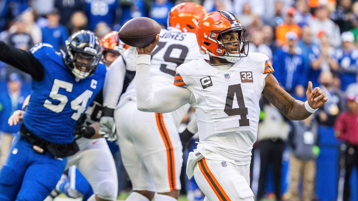 Oct 22, 2023; Indianapolis, Indiana, USA; Cleveland Browns quarterback Deshaun Watson (4) drops back to pass the ball in the first quarter against the Indianapolis Colts at Lucas Oil Stadium