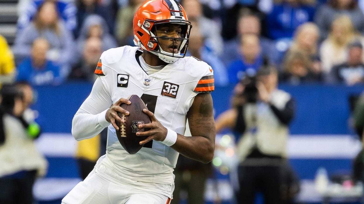 Oct 22, 2023; Indianapolis, Indiana, USA; Cleveland Browns quarterback Deshaun Watson (4) drops back to pass the ball in the first quarter against the Indianapolis Colts at Lucas Oil Stadium. Mandatory Credit: Trevor Ruszkowski-USA TODAY Sports