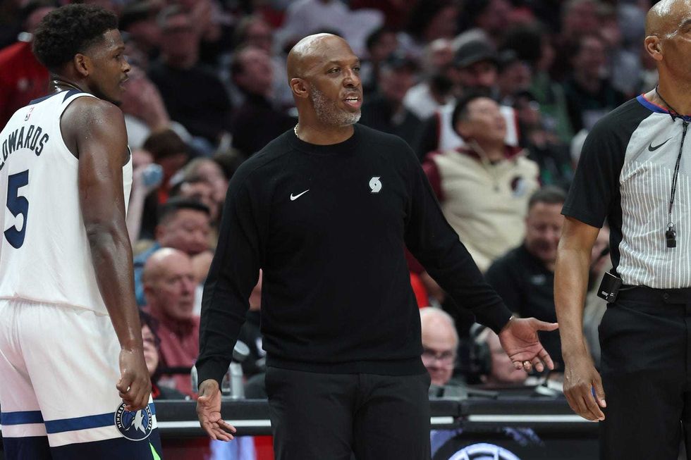 Oct 22, 2025; Portland, Oregon, USA; Portland Trail Blazers head coach Chauncey Billups during a break in the action against the Minnesota Timberwolves at Moda Center.