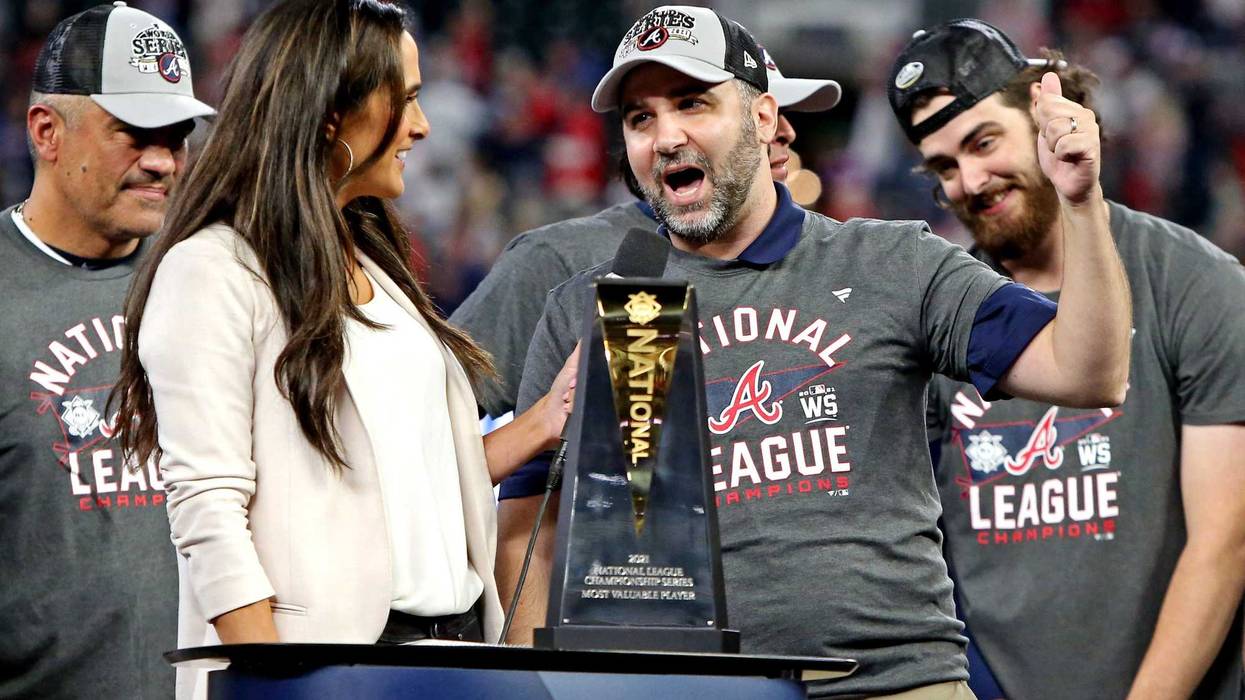 Oct 23, 2021; Cumberland, Georgia, USA; Atlanta Braves general manager Alex Anthopoulos celebrates after the Atlanta Braves beat the Los Angeles Dodgers in game six of the 2021 NLCS to advance to the World Series at Truist Park.