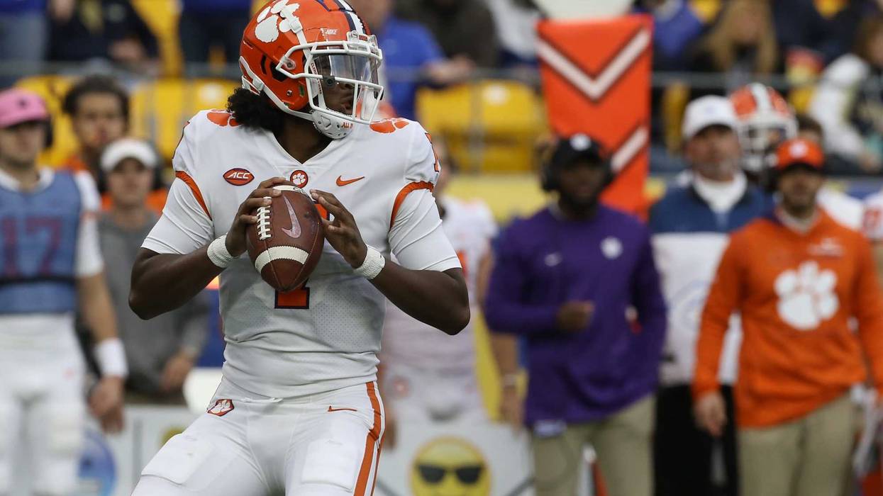 Oct 23, 2021; Pittsburgh, Pennsylvania, USA; Clemson Tigers quarterback Taisun Phommachanh (7) drops back to pass against the Pittsburgh Panthers during the third quarter at Heinz Field. Pittsburgh won 27-17.