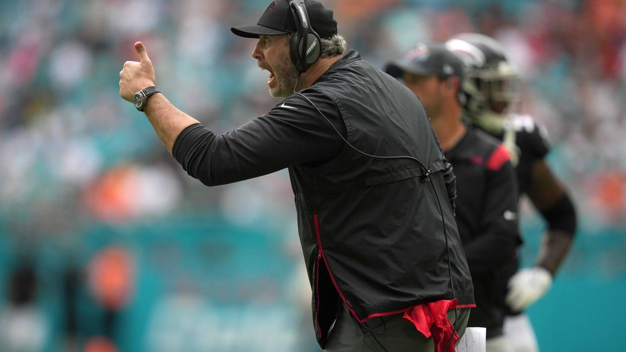 Oct 24, 2021; Miami Gardens, Florida, USA; Atlanta Falcons head coach Arthur Smith reacts during the second half against the Miami Dolphins at Hard Rock Stadium. Jasen Vinlove-USA TODAY Sports