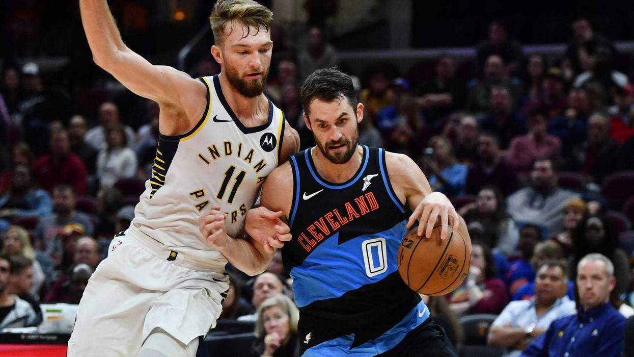 Oct 26, 2019; Cleveland, OH, USA; Cleveland Cavaliers forward Kevin Love (0) drives to the basket against Indiana Pacers forward Domantas Sabonis (11) during the second half at Rocket Mortgage FieldHouse. Mandatory Credit: Ken Blaze-USA TODAY Sports