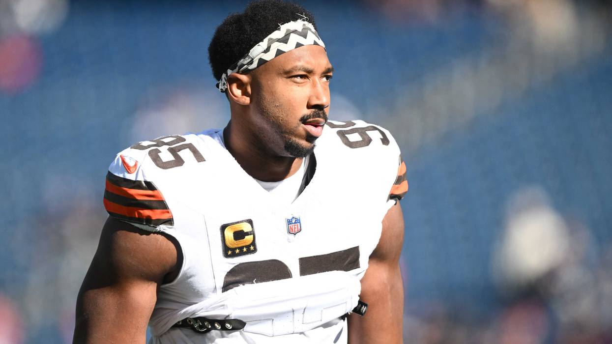 Oct 26, 2025; Foxborough, Massachusetts, USA; Cleveland Browns defensive end Myles Garrett (95) looks on during warm up prior to the game against the New England Patriots at Gillette Stadium. Mandatory Credit: Brian Fluharty-Imagn Images