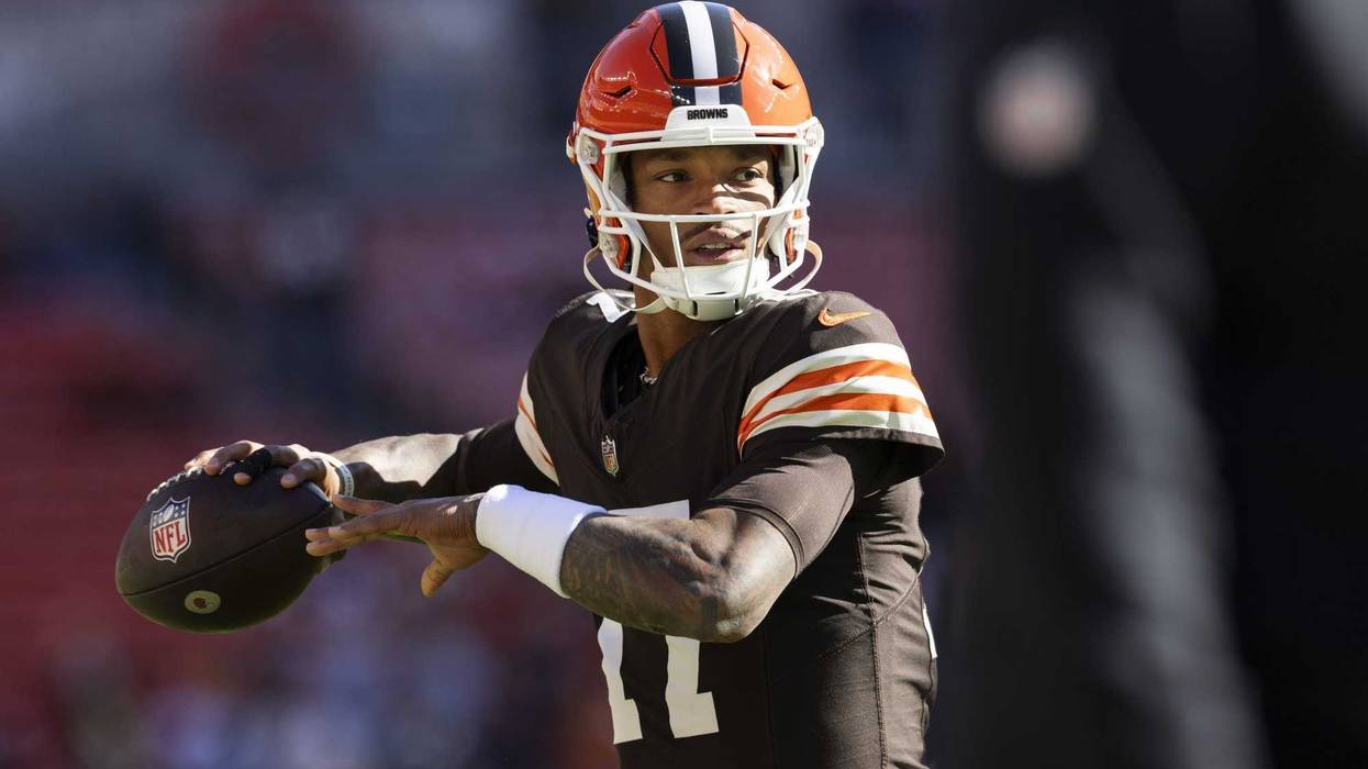 Oct 27, 2024; Cleveland, Ohio, USA; Cleveland Browns quarterback Dorian Thompson-Robinson (17) throws the ball during warm ups before the game against the Baltimore Ravens at Huntington Bank Field.