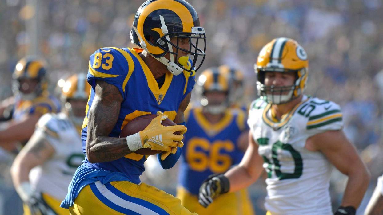 Oct 28, 2018; Los Angeles, CA, USA; Los Angeles Rams wide receiver Josh Reynolds (83) scores a during the third quarter touchdown against the Green Bay Packers at Los Angeles Memorial Coliseum. Mandatory Credit: Jake Roth-USA TODAY Sports