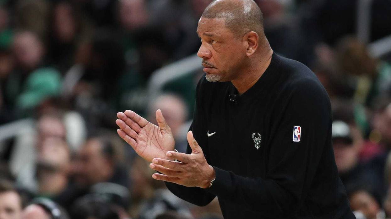 Oct 28, 2024; Boston, Massachusetts, USA; Milwaukee Bucks head coach Doc Rivers reacts during the first half against the Boston Celtics at TD Garden. Mandatory Credit: Paul Rutherford-Imagn Images