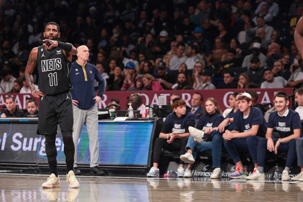Oct 31, 2022; Brooklyn, New York, USA; Brooklyn Nets guard Kyrie Irving (11) reacts during the first half against the Indiana Pacers at Barclays Center.