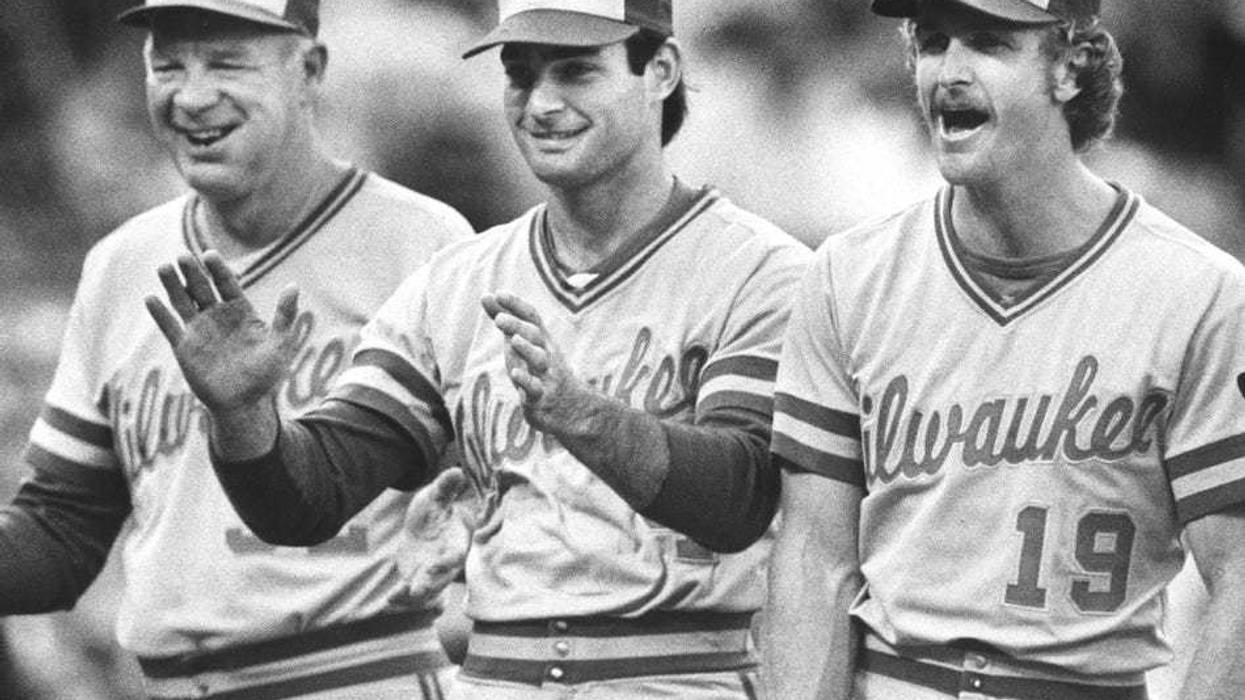 Oct. 5, 1982; Anaheim, CA, USA; Pre-game introductions of the1982 American League playoffs, left to right, Harvey Kuenn, Paul Molitor, and Robin Yount; Manditory credit: John Biever-USA TODAY NETWORK