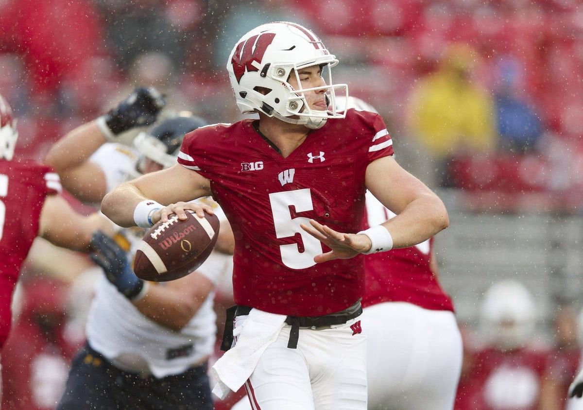Oct 5, 2019; Madison, WI, USA; Wisconsin Badgers quarterback Graham Mertz (5) looks to throw during the fourth quarter against the Kent State Golden Flashes at Camp Randall Stadium. Mandatory Credit: Jeff Hanisch-USA TODAY Sports