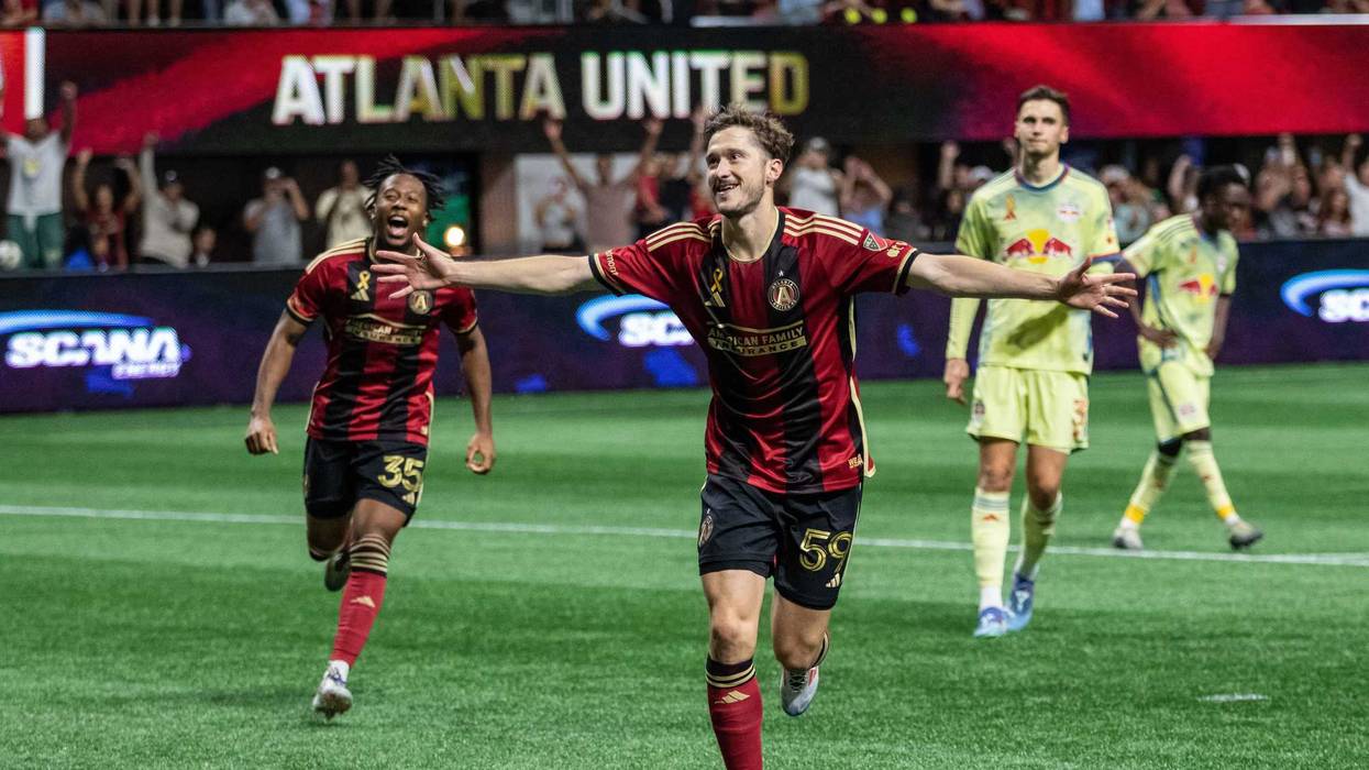 Oct 5, 2024; Atlanta, Georgia, USA; Atlanta United midfielder Aleksey Miranchuk (59) celebrates the goal against the New York Red Bulls during the second half at Mercedes-Benz Stadium. Mandatory Credit: Jordan Godfree-Imagn Images