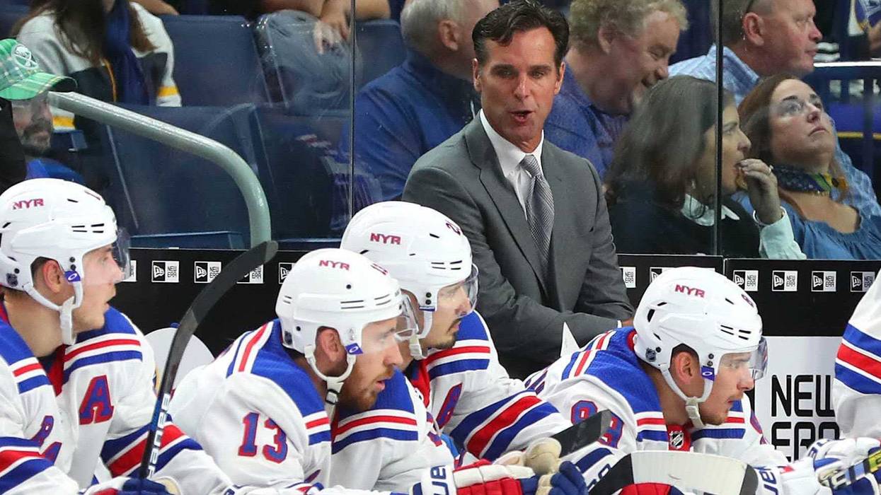 Oct 6, 2018; Buffalo, NY, USA; New York Rangers head coach David Quinn behind the bench during the third period against the Buffalo Sabres at KeyBank Center. Mandatory Credit: Kevin Hoffman-USA TODAY Sports