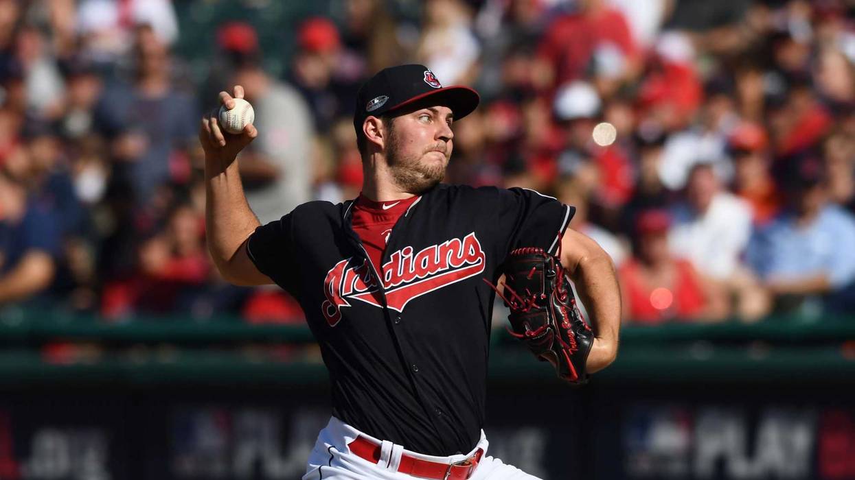 Oct 8, 2018; Cleveland, OH, USA; Cleveland Indians starting pitcher Trevor Bauer (47) throws a pitch in the sixth inning against the Houston Astros during game three of the 2018 ALDS playoff baseball series at Progressive Field. Mandatory Credit: Ken Blaz