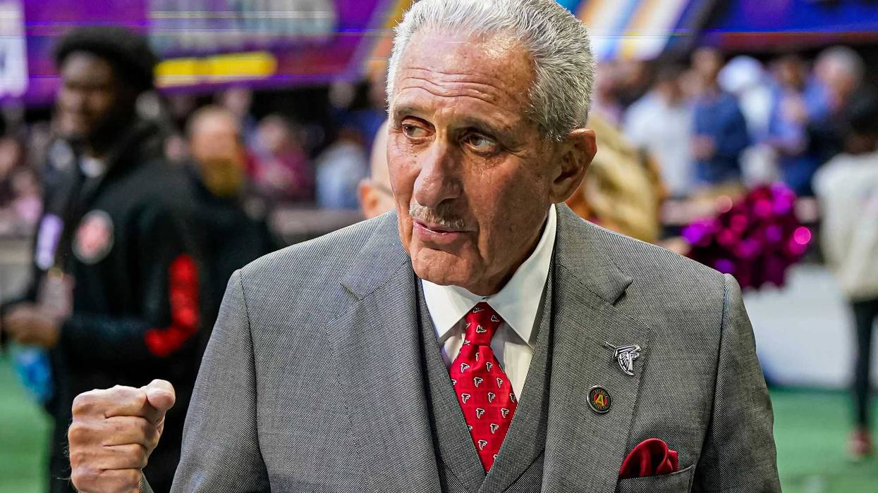 Oct 8, 2023; Atlanta, Georgia, USA; Atlanta Falcons team owner Arthur Blank reacts after the Falcons defeated the Houston Texans with a field goal on the last play of the second half at Mercedes-Benz Stadium. Mandatory Credit: Dale Zanine-USA TODAY Sports
