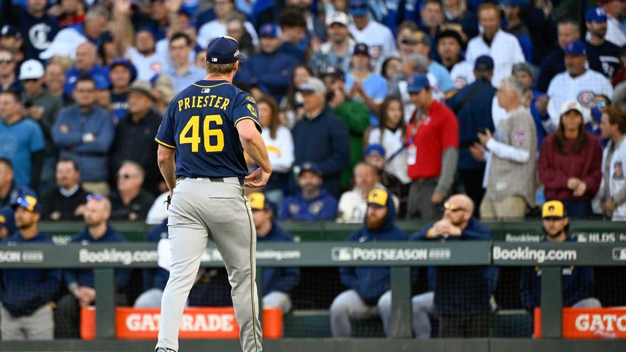 Oct 8, 2025; Chicago, Illinois, USA; Milwaukee Brewers pitcher Quinn Priester (46) heads to the dugout after being relieved against the Chicago Cubs in the first inning during game three of the NLDS round for the 2025 MLB playoffs at Wrigley Field. Mandatory Credit: Matt Marton-Imagn Images