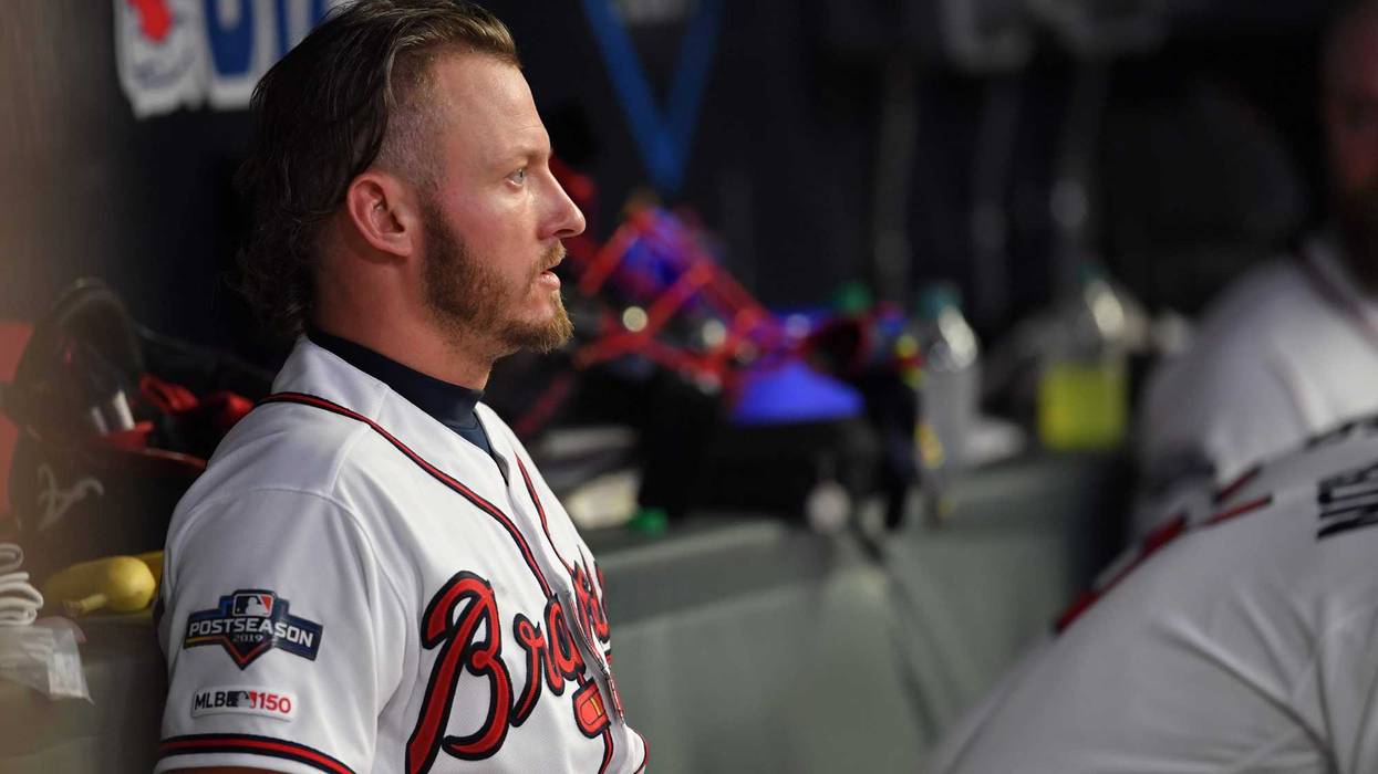 Oct 9, 2019; Atlanta, GA, USA; Atlanta Braves third baseman Josh Donaldson (20) looks out from the dugout during the sixth inning of game five of the 2019 NLDS playoff baseball series against the St. Louis Cardinals at SunTrust Park. Mandatory Credit: Dal