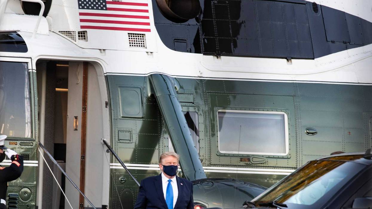 OCTOBER 02: U.S. President Donald Trump exits Marine One at Walter Reed National Military Medical Center on October 2, 2020 in Bethesda, Maryland. Trump announced that he and First Lady Melania Trump tested positive for COVID-19 early this morning.