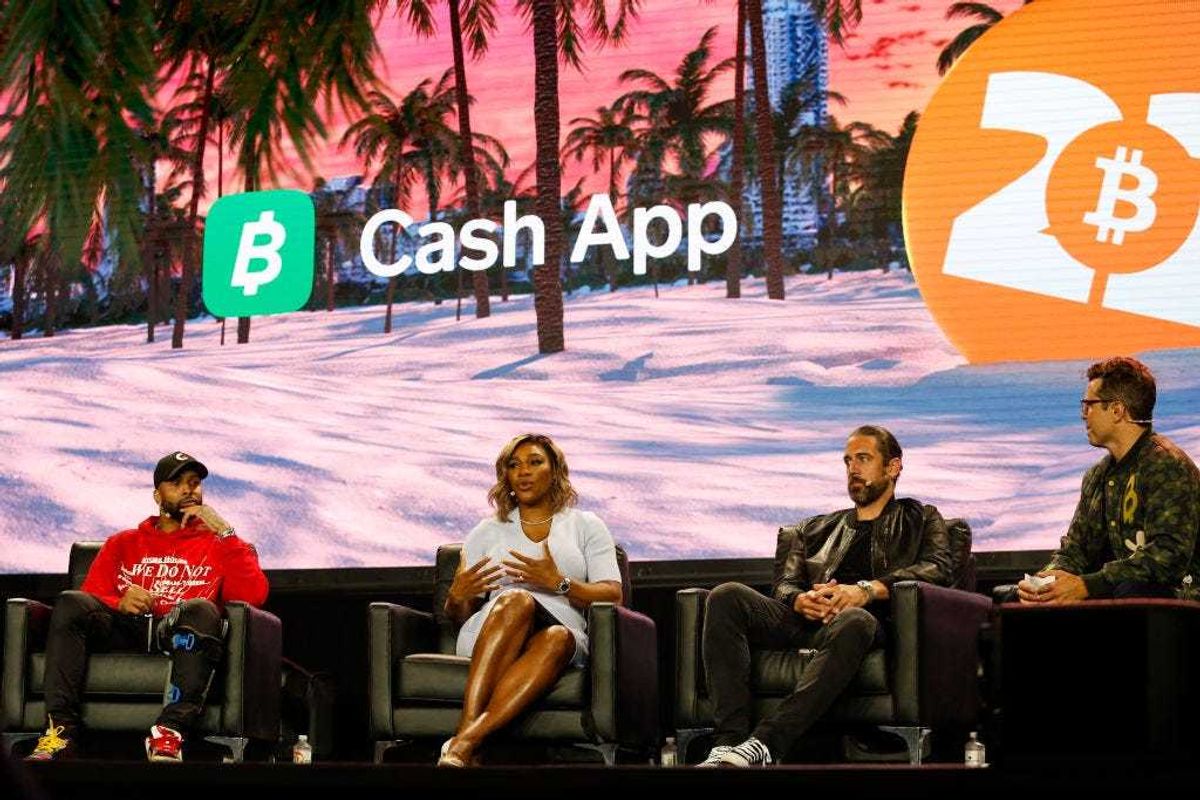 Odell Beckham Jr, professional football player, investor, and entrepreneur, Serena Williams, professional tennis player, and businesswoman, Aaron Rodgers, professional football player, and investor, and Miles Suter, Bitcoin Product Lead at Cash App, take part in a panel during the Bitcoin 2022 Conference.