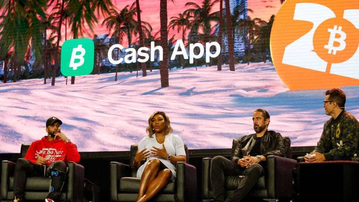 Odell Beckham Jr, professional football player, investor, and entrepreneur, Serena Williams, professional tennis player, and businesswoman, Aaron Rodgers, professional football player, and investor, and Miles Suter, Bitcoin Product Lead at Cash App, take part in a panel during the Bitcoin 2022 Conference.