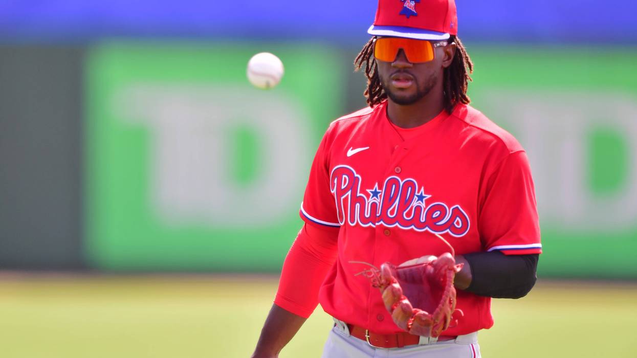 Odubel Herrera #37 of the Philadelphia Phillies warms up before a spring training game against the Toronto Blue Jays on March 02, 2021 at TD Ballpark in Dunedin, Florida.