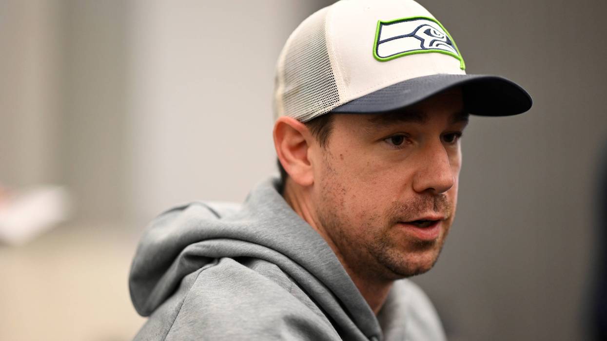 Offensive coordinator Klint Kubiak of the Seattle Seahawks speaks to the media ahead of Super Bowl LX at the San Jose Convention Center on February 05, 2026 in San Jose, California.