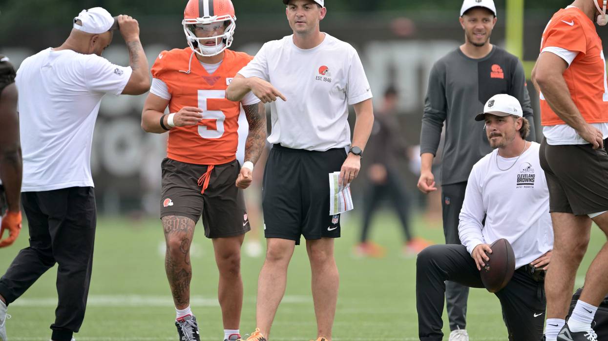 Offensive coordinator Tommy Rees works with quarterback Dillon Gabriel #5 of the Cleveland Browns during training camp at CrossCountry Mortgage Campus on July 25, 2025 in Berea, Ohio.
