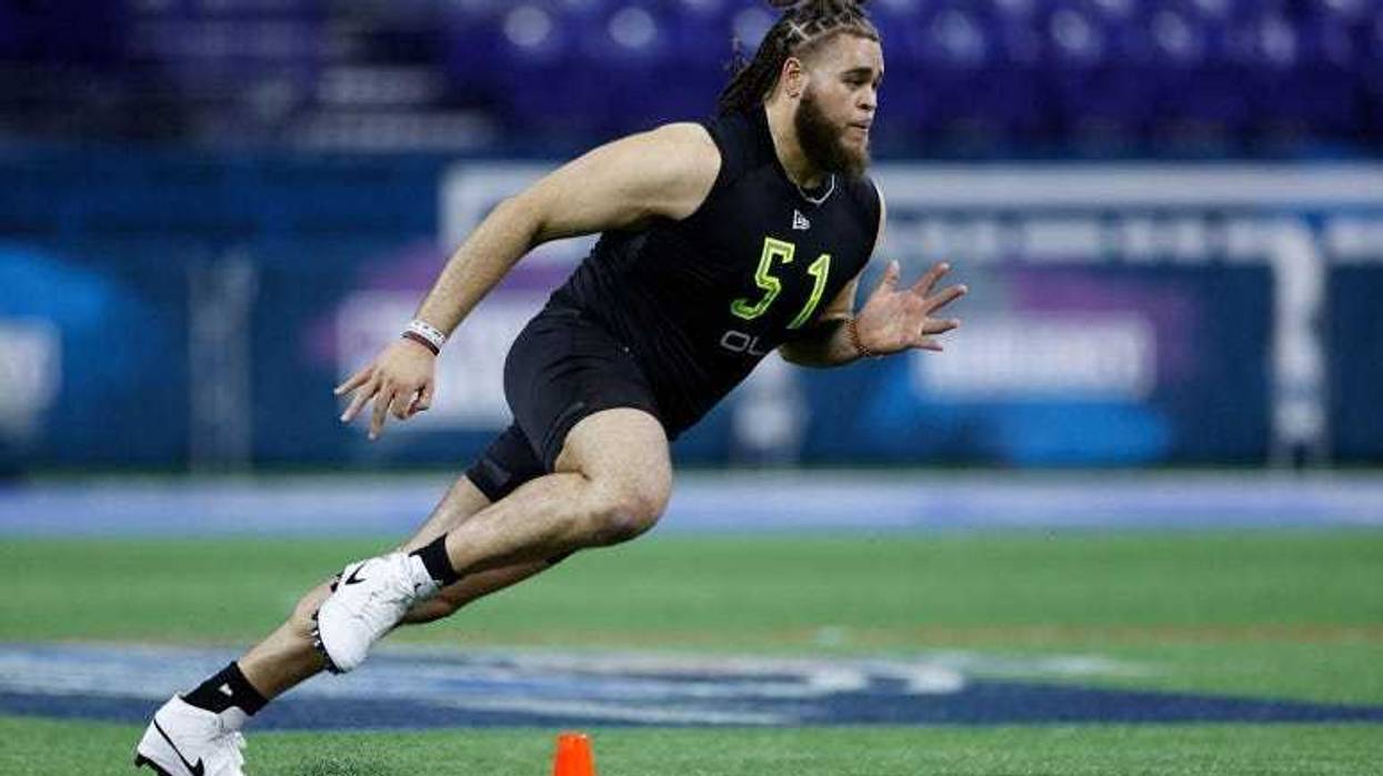 Offensive lineman Jedrick Wills Jr. of Alabama runs a drill during the NFL Combine