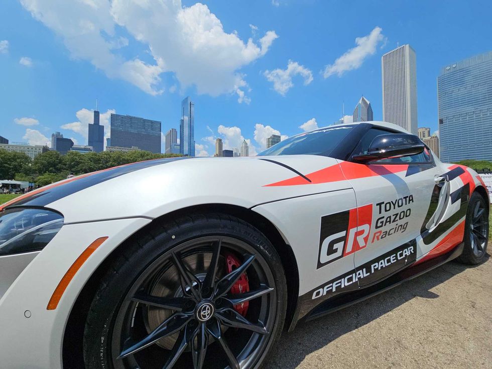 Official NASCAR pace cars line the baseball diamond at Butler Field during the NASCAR Chicago Streetrace weekend.